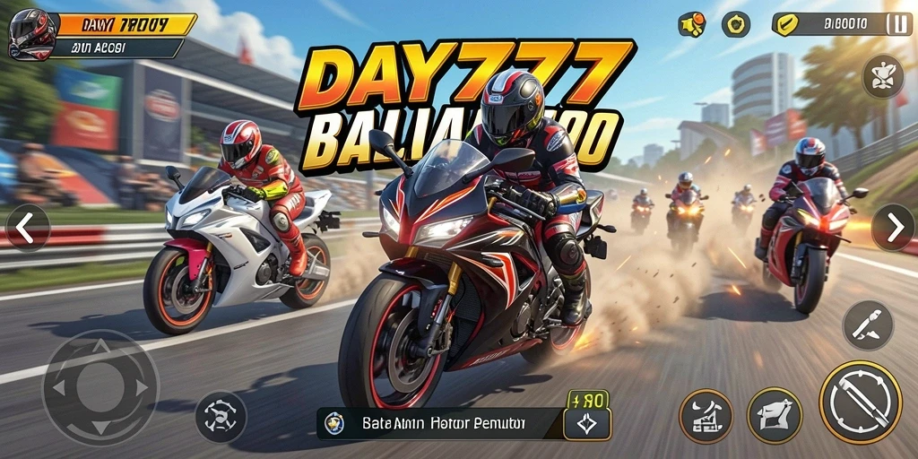 Screenshot menunjukkan aksi balapan motor yang mendebarkan di DAY777.