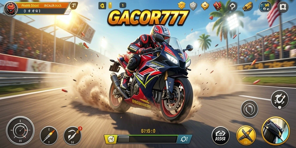 Tampilan gameplay balapan motor yang mendebarkan dalam GACOR777.