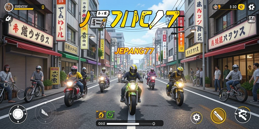Tampilan gameplay JEPANG77 dengan mobil balap beraksi di trek menantang.