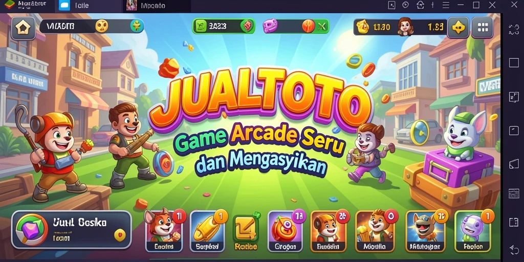 Screenshot gameplay JUALTOTO menampilkan aksi arcade penuh warna dan seru.