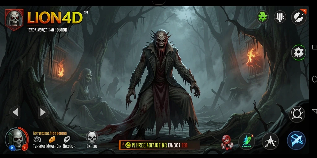 Screenshot gameplay LION4D dengan suasana mencekam dan karakter menyeramkan.