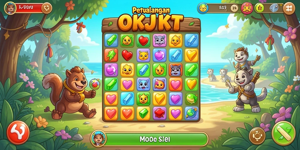 Tampilan gameplay seru dalam OKJKT dengan grafis Match-3 yang menarik.
