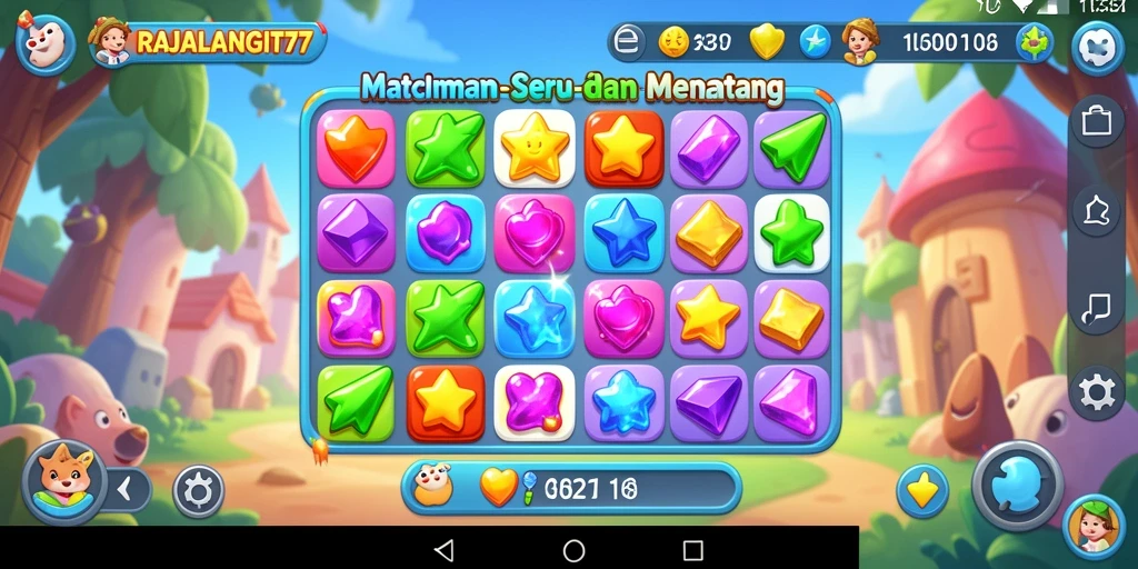 Screenshot gameplay RAJALANGIT77 dengan permata berwarna-warni dan papan permainan yang menantang.