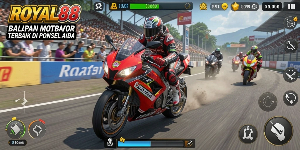 Screenshot utama ROYAL88 menampilkan aksi balapan motor yang mendebarkan.