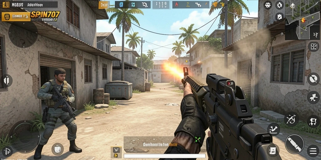 Screenshot gameplay SPIN707 menampilkan pertempuran intens di medan perang.