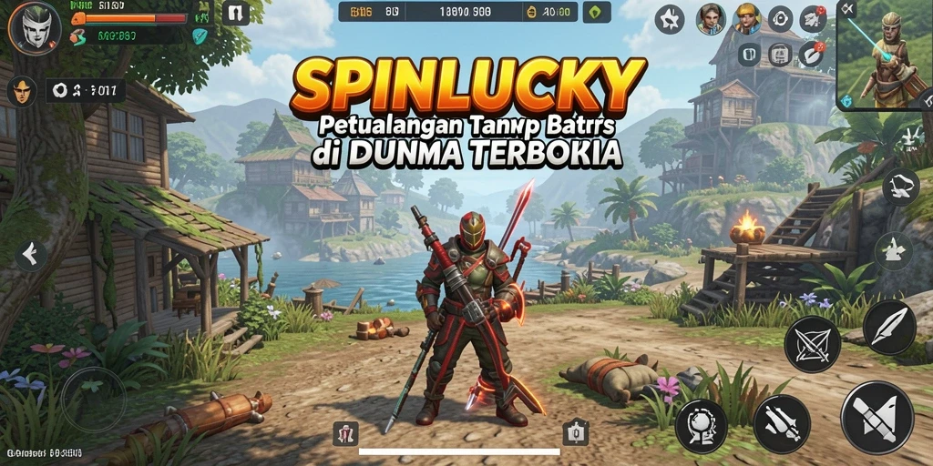 Screenshot gameplay SPINLUCKY menunjukkan petualangan di dunia terbuka yang memukau.