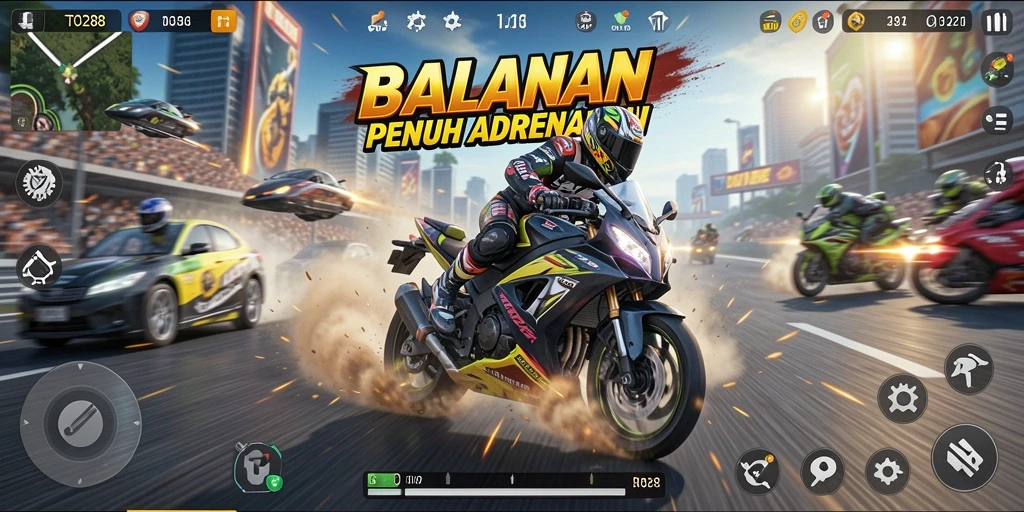 Tampilan gameplay balapan motor yang mendebarkan di TO288.